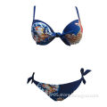 Women's placement print triangle bikinis, bows at CF and brief sides, mould cup + underwire